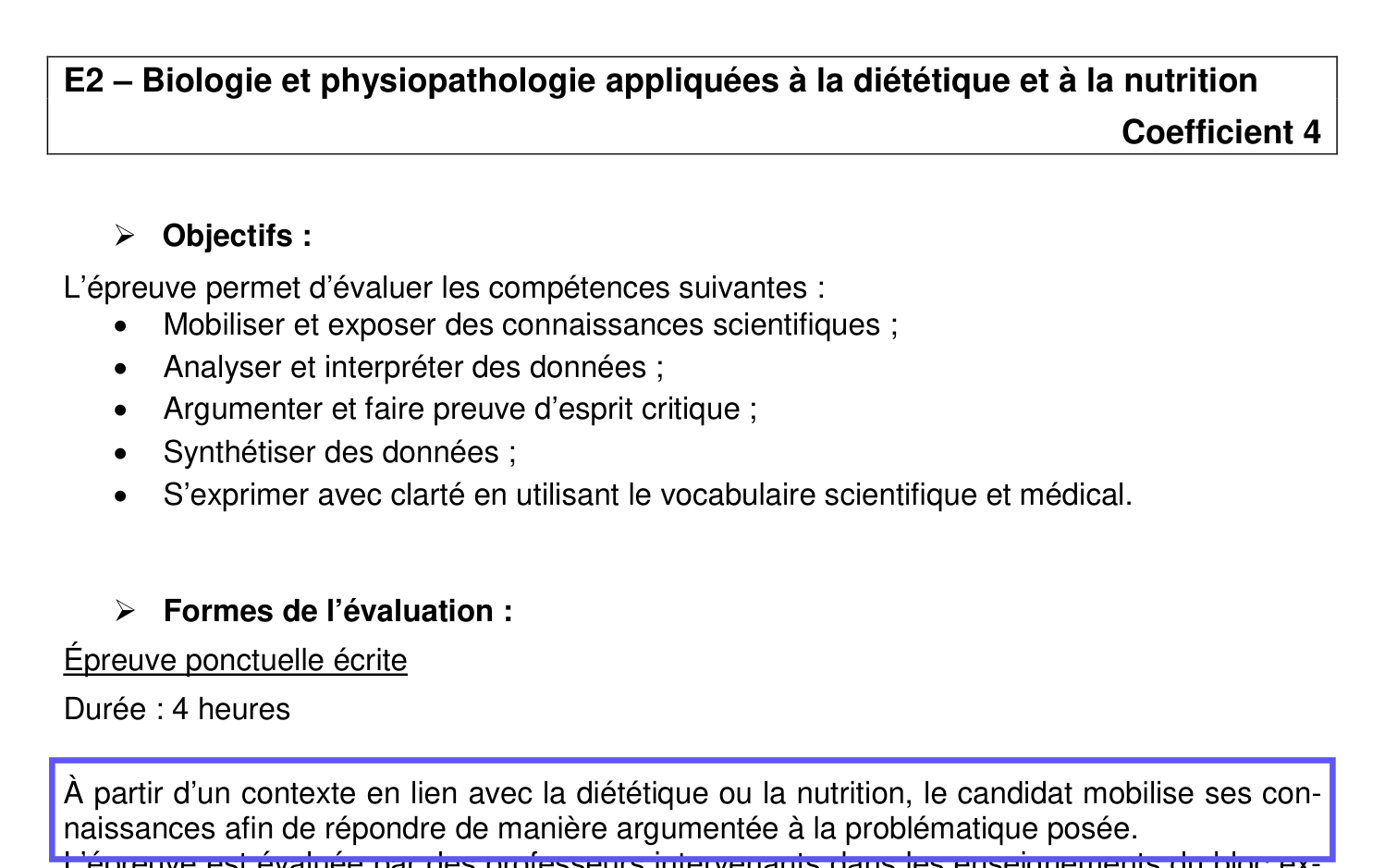 Page 40 du référentiel du BTS Diététique et nutrition : la définition de l'épreuve E2, avec la phrase de l'attendu encadrée
