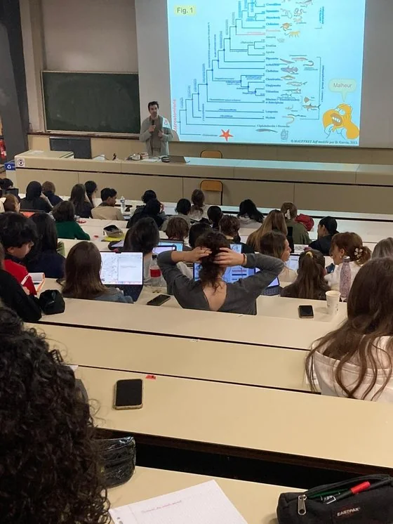 Dimitri Garcia enseignant au micro dans un amphithéâtre devant ses étudiants