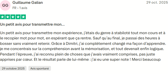 Avis Trustpilot de Guillaume Galian, cinq étoiles